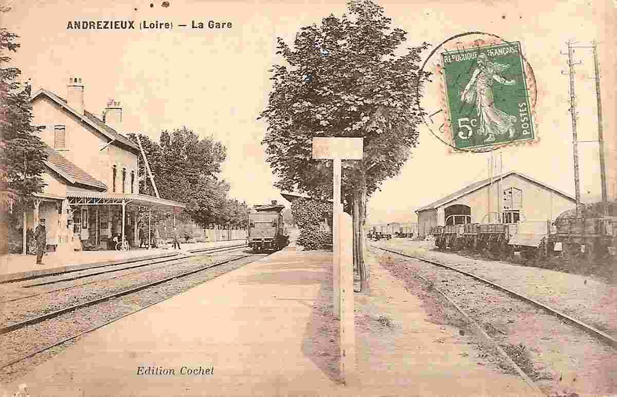 Andrézieux-Bouthéon. La Gare, plateforme, entrepôts, 1911