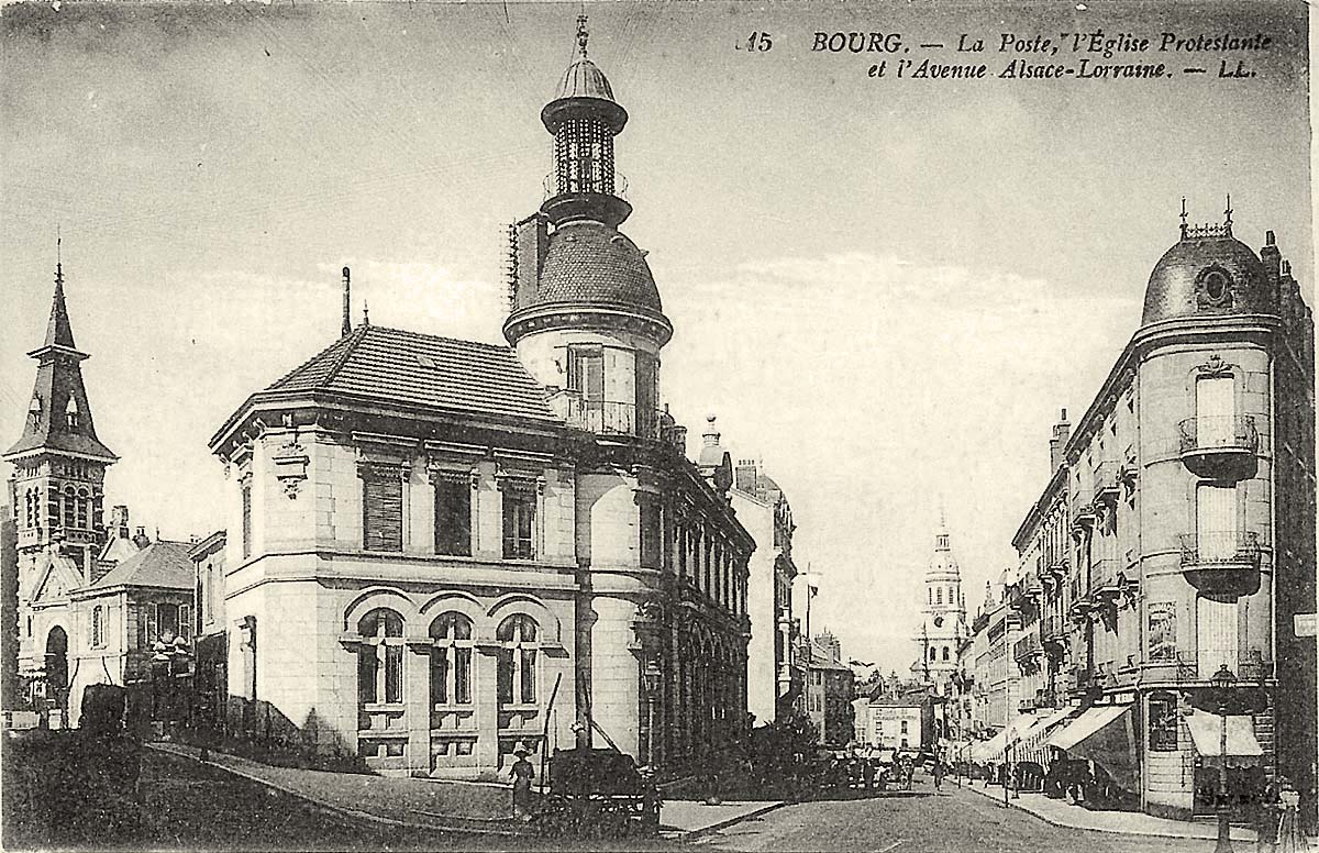 Bourg-en-Bresse. La Poste, l'Église Protestante et l'Avenue Alsace-Lorraine, 1917