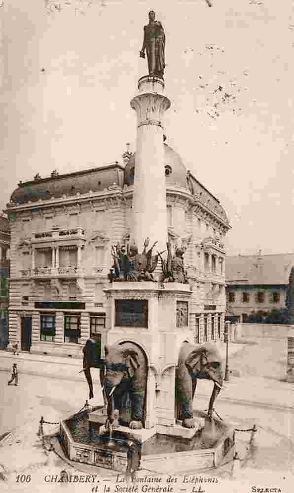 Chambéry. Fontaine des Elephants et la Société Générale, 1921