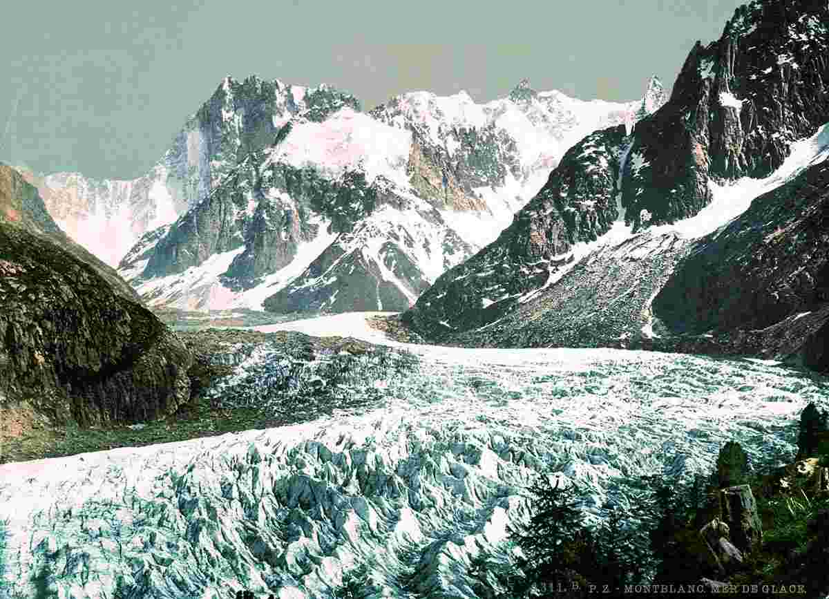 Chamonix-Mont-Blanc. Mer de Glace, Dent du Géant et Grandes Jorasses, Chamonix Valley, 1890