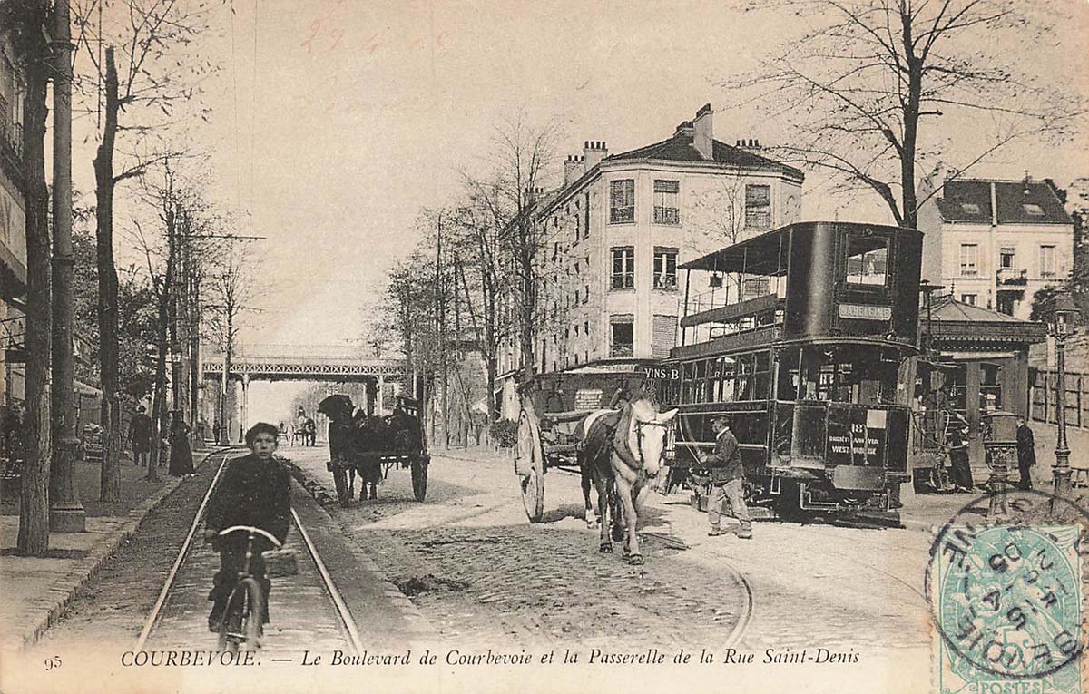Courbevoie. Boulevard et Passerelle de la rue Saint-Denis, tramway, 1905