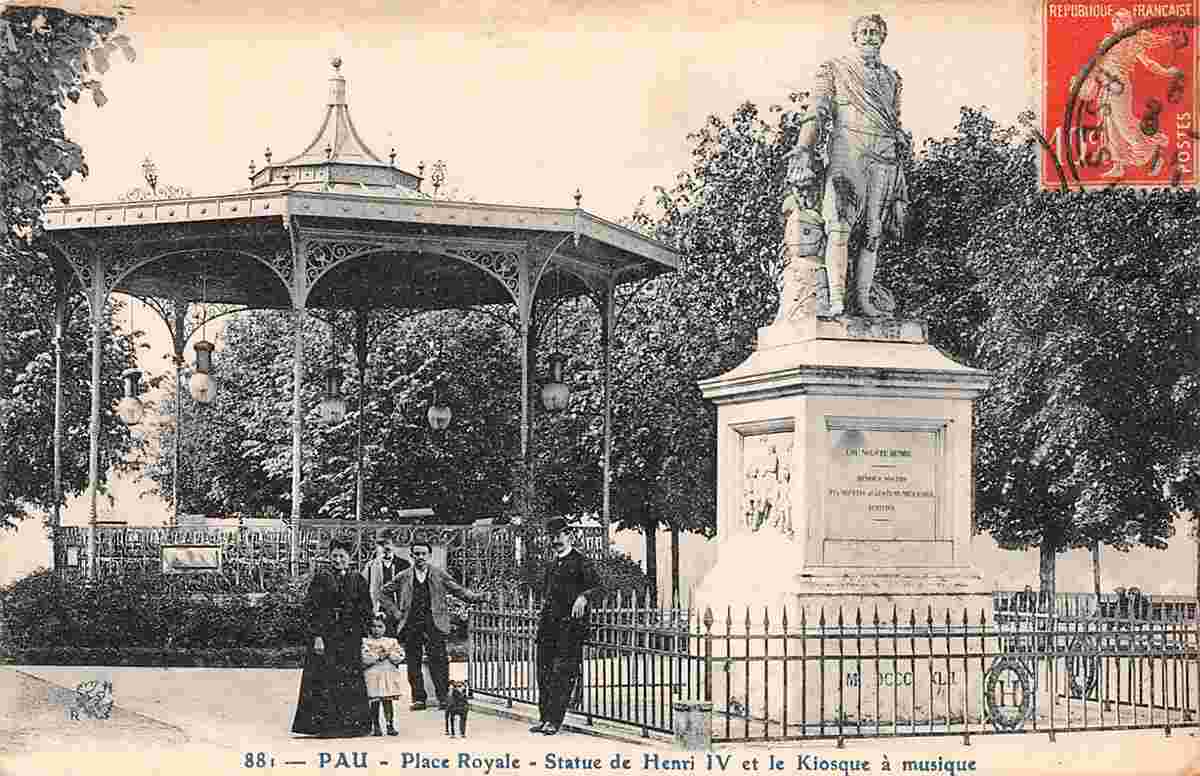 Pau. Place Royale, Statue Henri IV et le Kiosque à musique, 1911